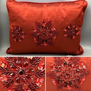 Kim Seybert Christmas Red Snowflake Beaded Sequins Accent Pillow Holidays Decor